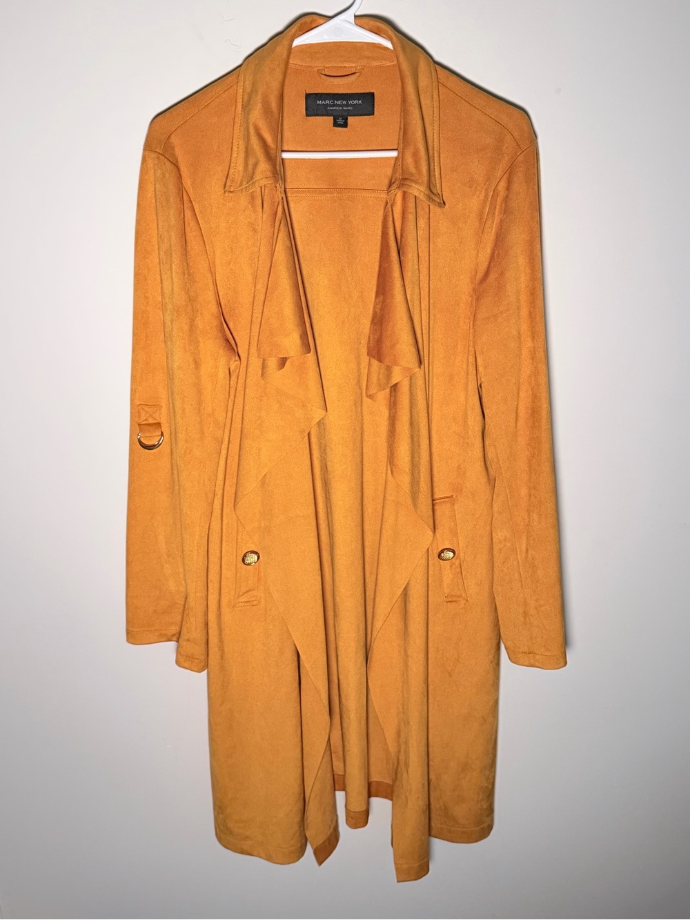 Marc New York butterscotch faux suede drape front trench coat